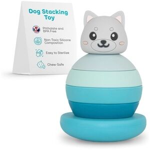 NWT EL BEBE Silicone Dog Stacking Toy Blue and Gray